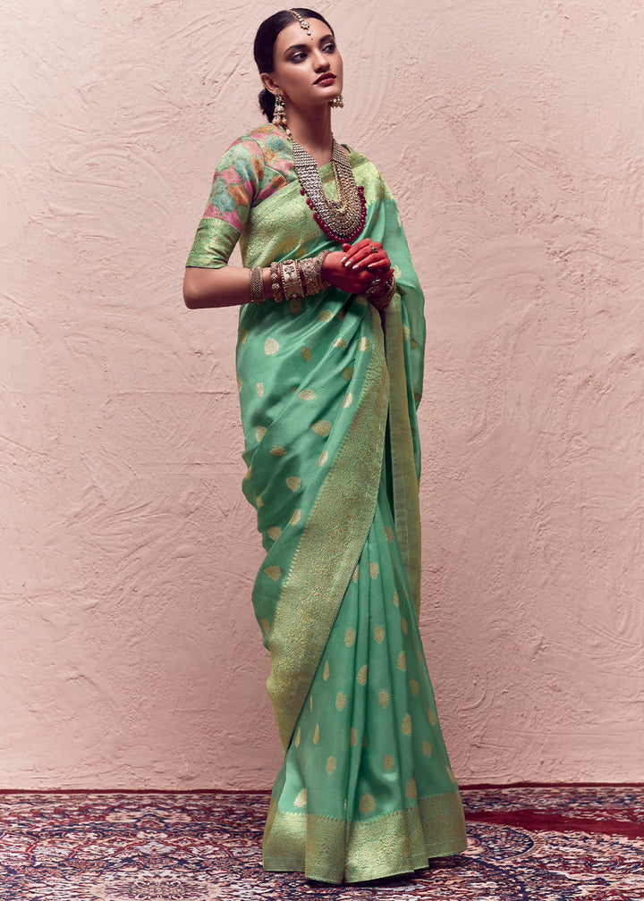 Light Green Zari Woven Dola Silk Saree With Zari Woven Blouse