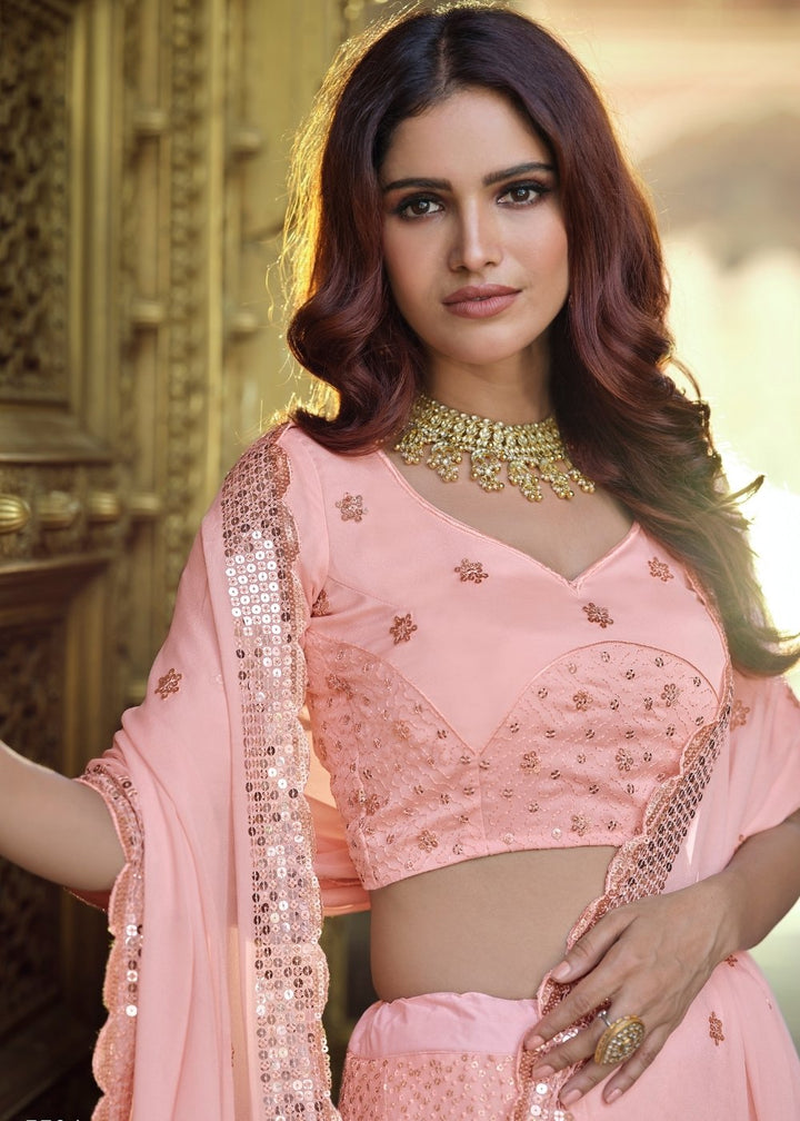 Flamingo Pink Georgette Lehenga Choli with Sequins & Thread work