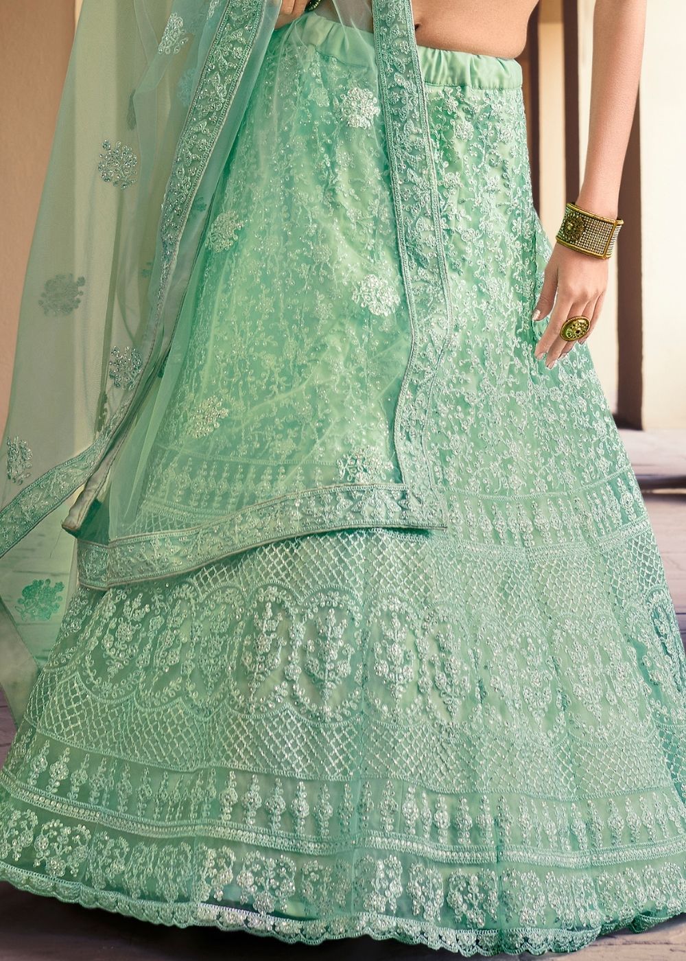 Parakeet Green Soft Net Lehenga Choli with Sequins & Dori work