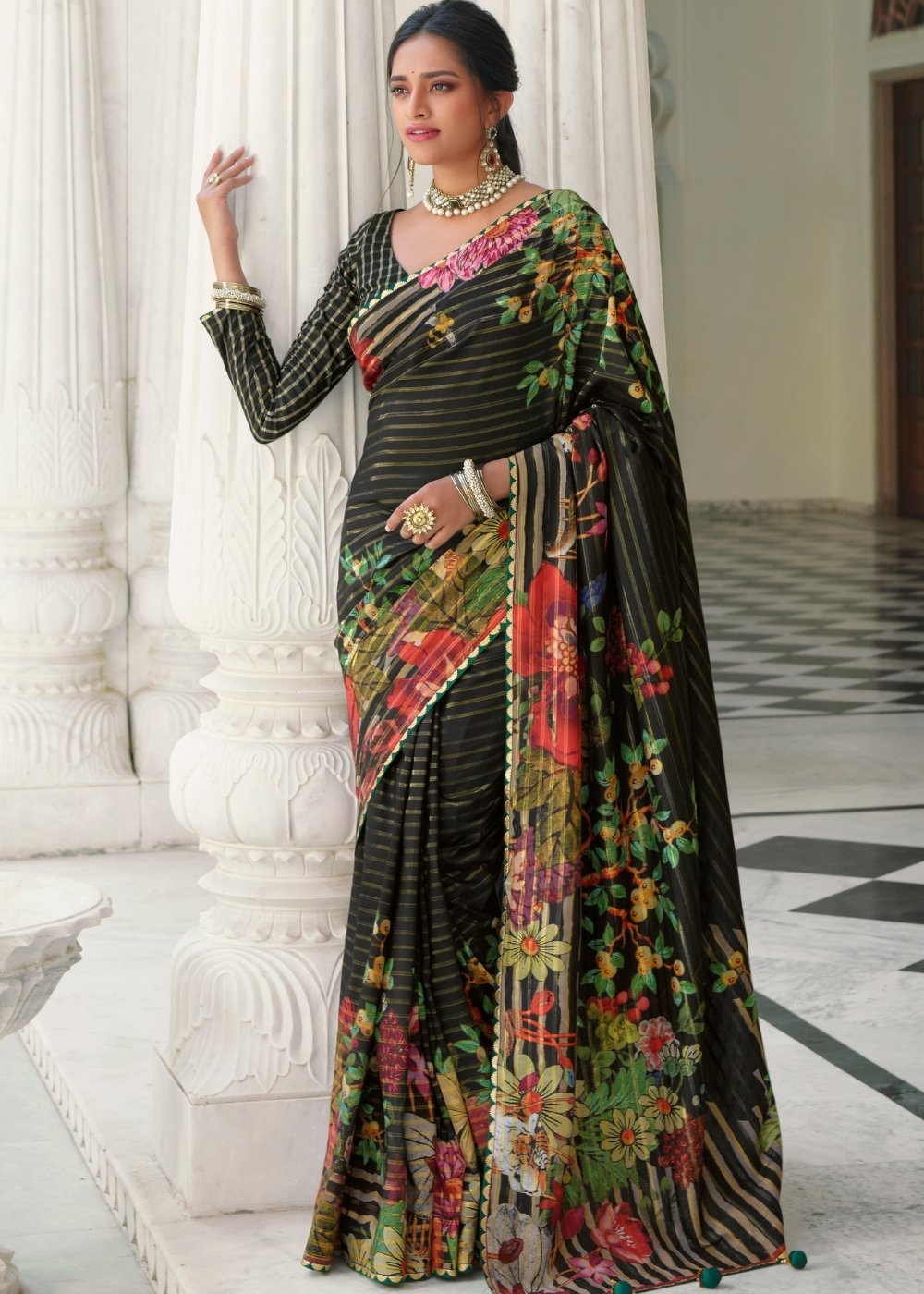 Midnight Black Floral Digital Print Silk Saree