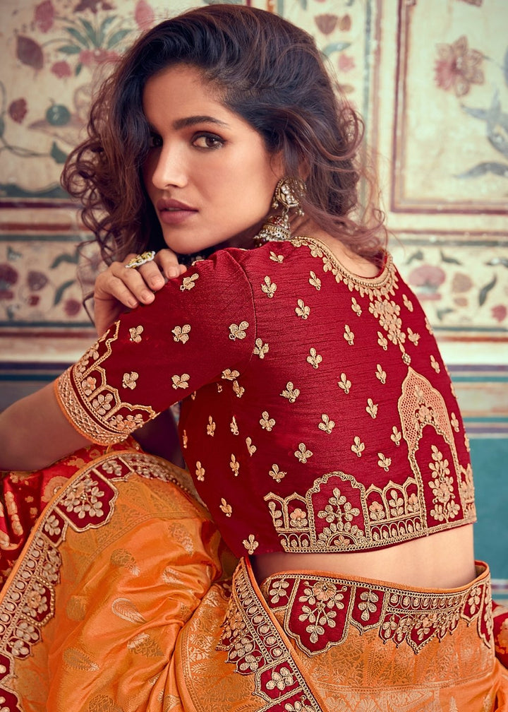 Tangerine Orange & Red Banarasi Silk Lehenga Choli with Khatli work Embroidery