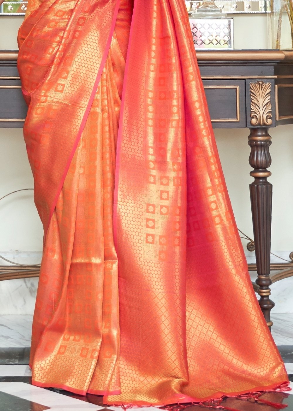 Persimmon Orange Zari Woven Kanjivaram Silk Saree with Tassels on Pallu