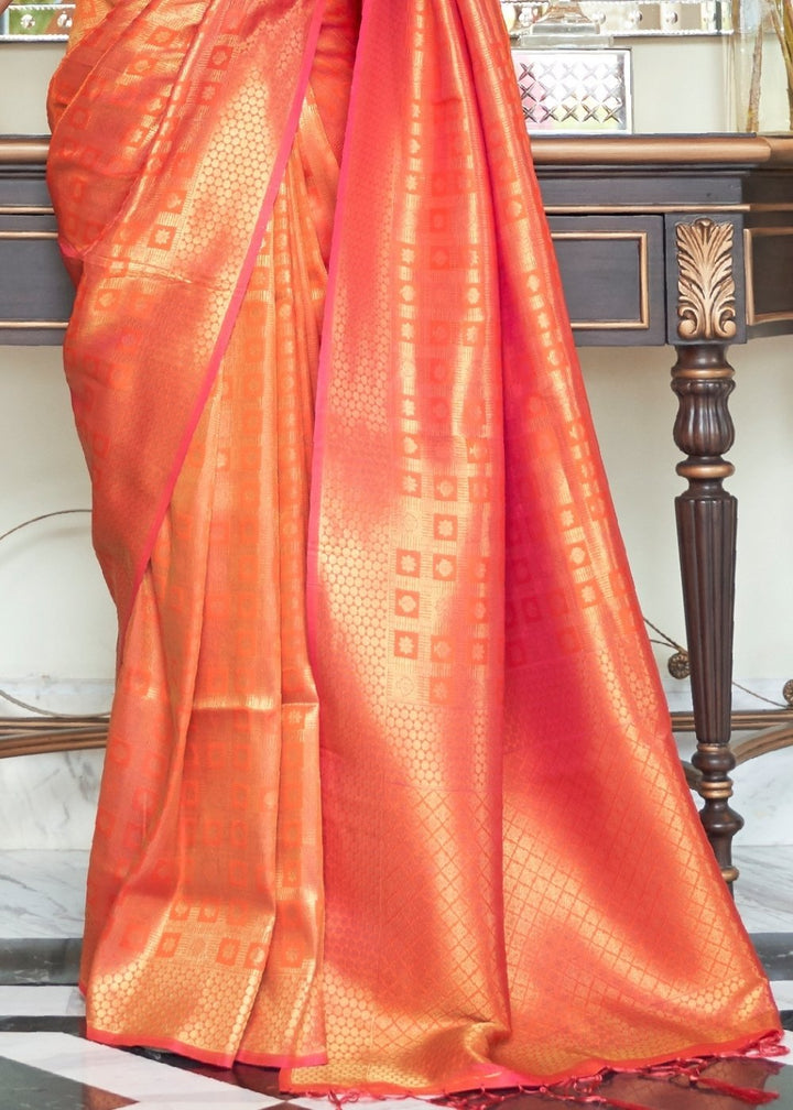 Persimmon Orange Zari Woven Kanjivaram Silk Saree with Tassels on Pallu