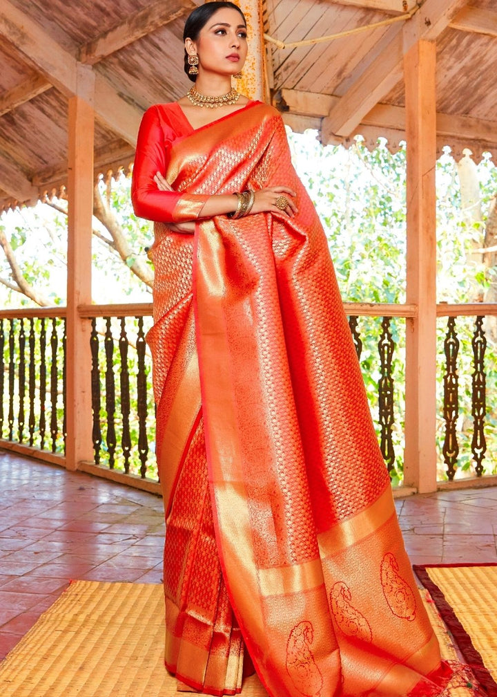 Scarlet Red Zari Woven Kanjivaram Silk Saree