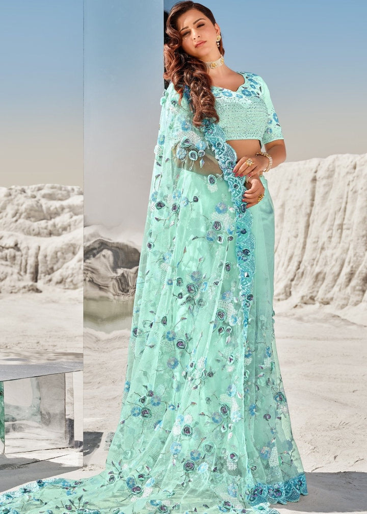 Arctic Blue Designer Net Saree with Hand-Made Flower,Moti & Cut-Dana work: Top Pick