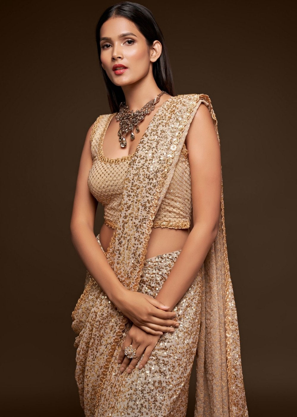 Ivory White Sequins & Thread Embroidered Designer Georgette Saree