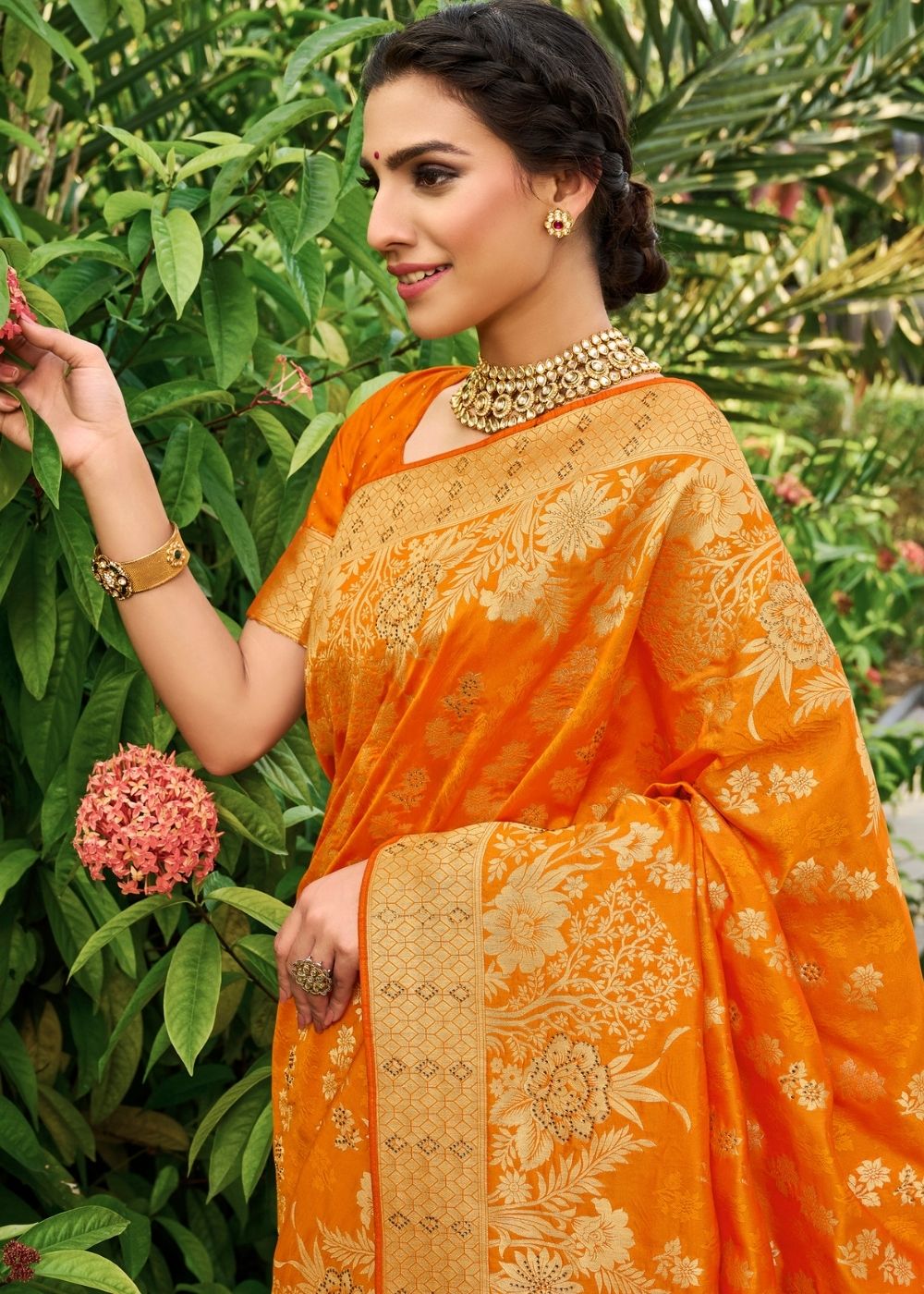 Tangerine Orange Zari Woven Banarasi Silk Saree