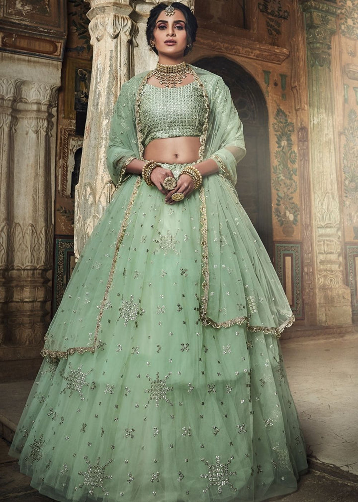 Sea Green Soft Net Lehenga with Sequins & Zari work