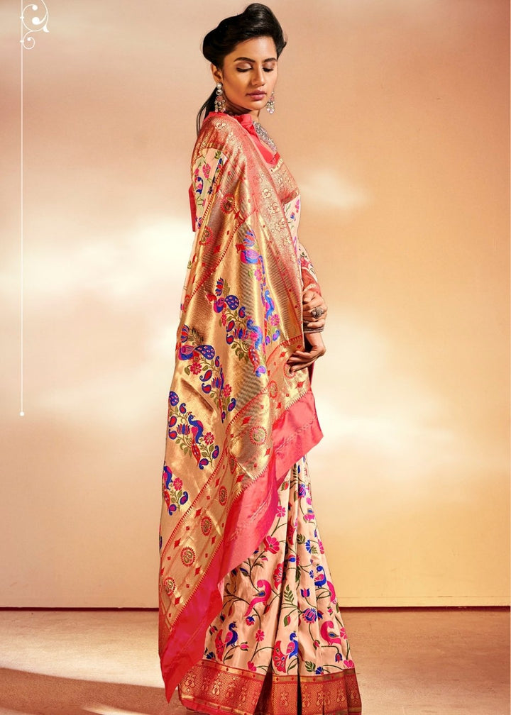 Salmon Pink Woven Banarasi Paithani Silk Saree