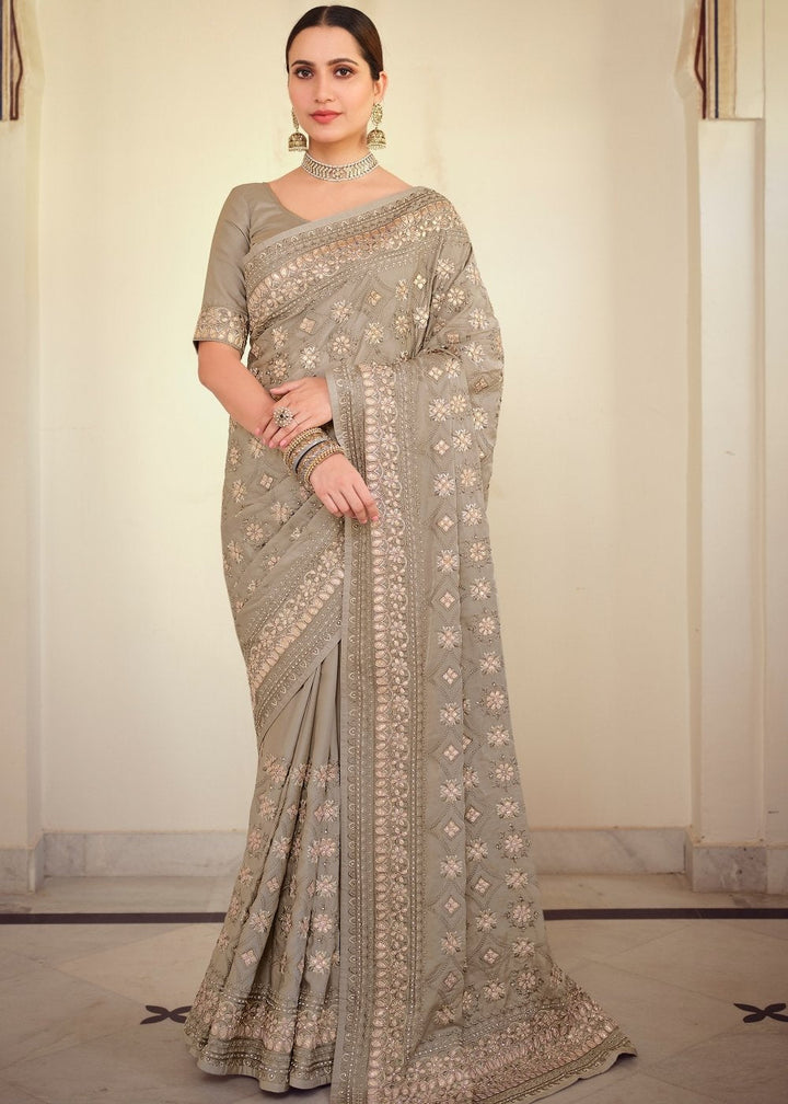 Seal Grey Designer Satin Georgette Saree with Gota & Resham work