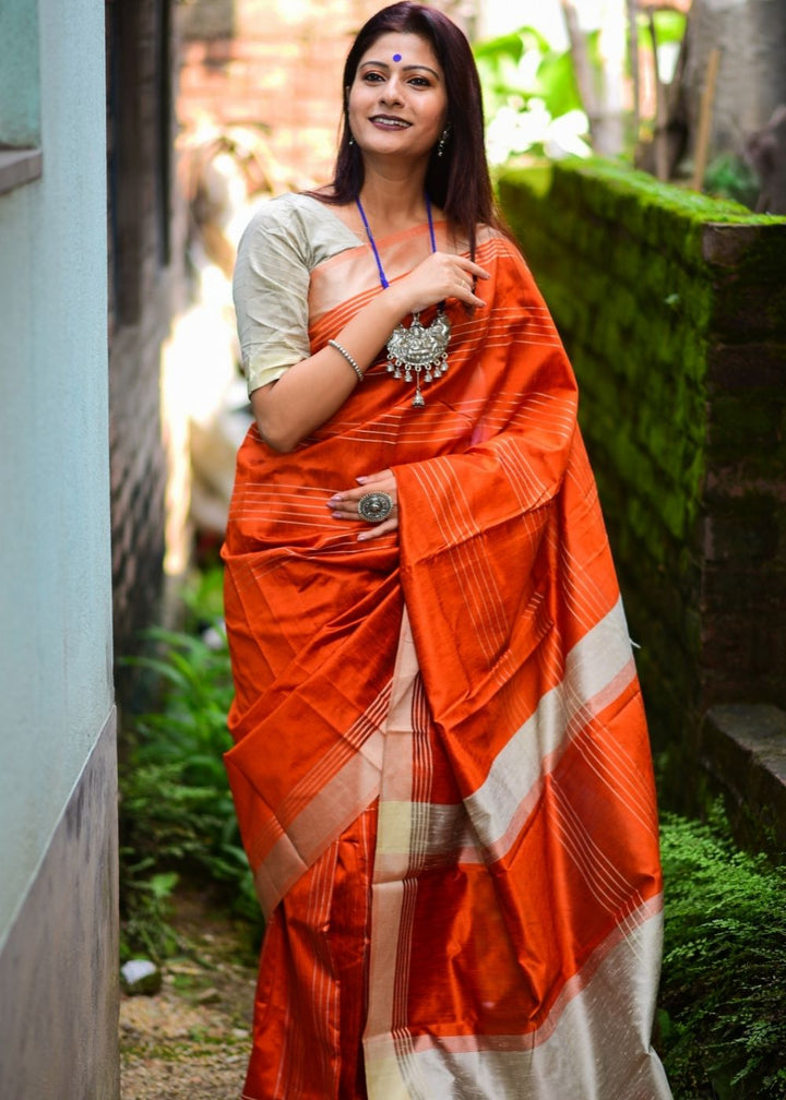 Rust Orange Designer Raw Silk Saree