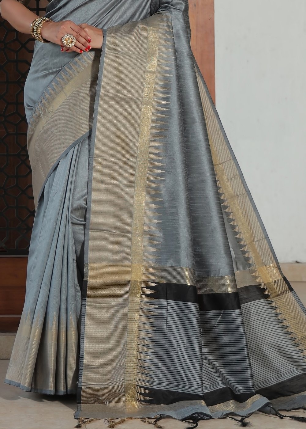 Steel Grey Art Silk Saree with Temple Border