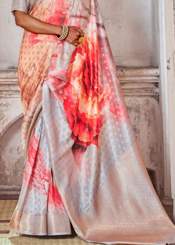 Fog Grey Printed Satin Silk Saree