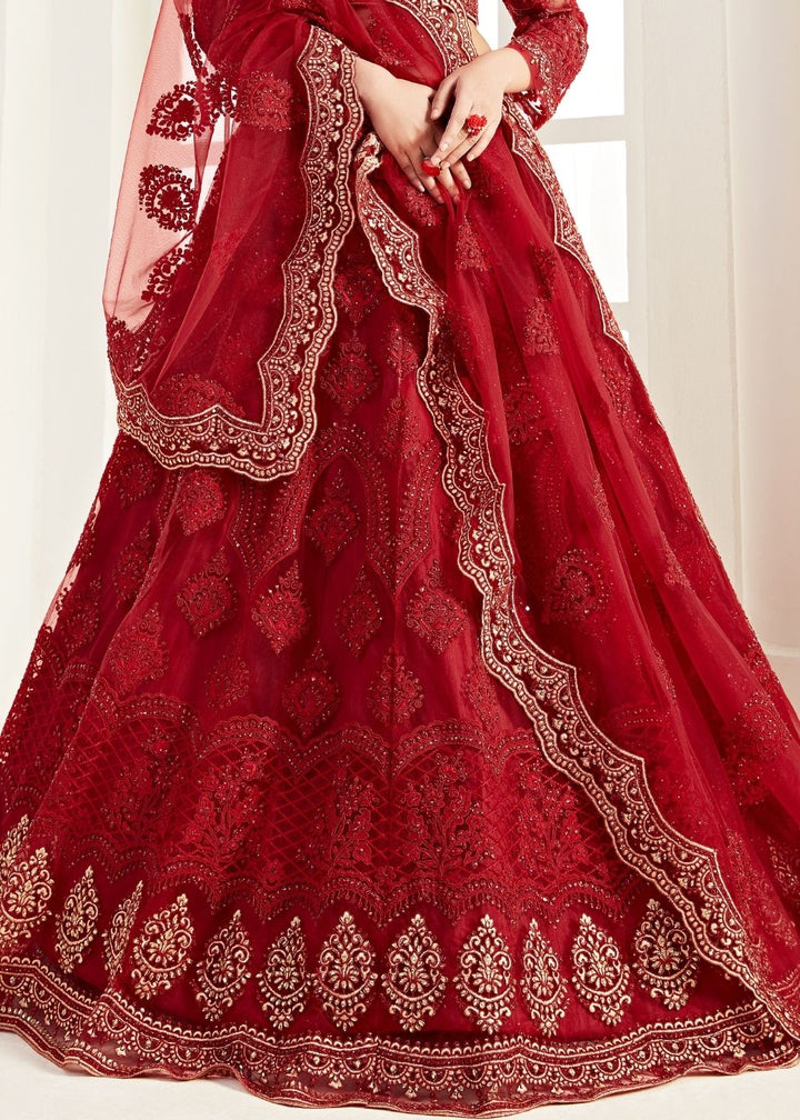 Apple Red Soft Net Lehenga Choli with Coding, Thread, Stonework & Zari Embroidery