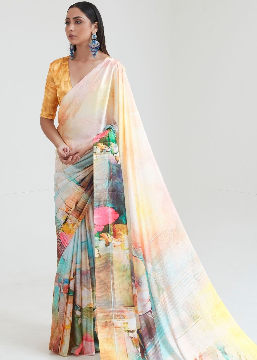 Flax Yellow Satin Silk Digital Printed Saree