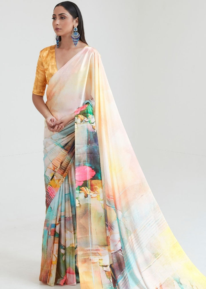 Flax Yellow Satin Silk Digital Printed Saree