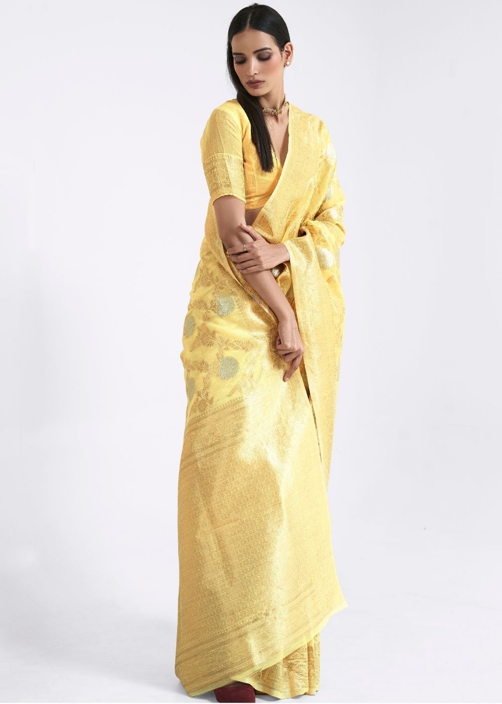 Pineapple Yellow Zari Woven Linen Silk Saree