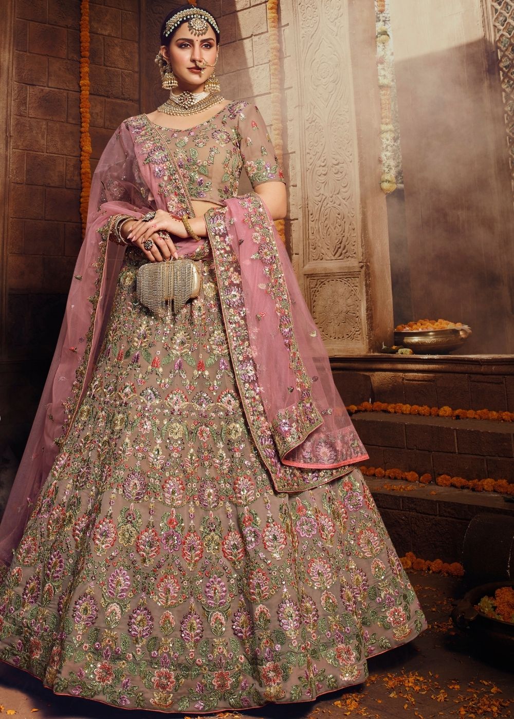 Light Brown Georgette Bridal Lehenga Choli with Resham and Jari Embroidery and Stone work