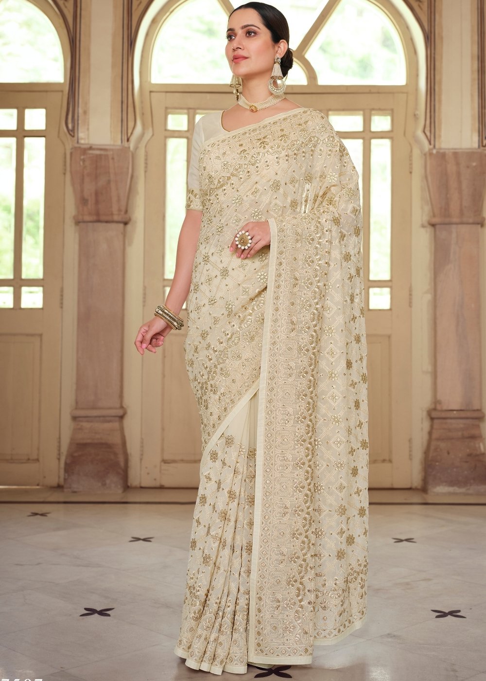 Off White Designer Georgette Saree with Gota & Resham work