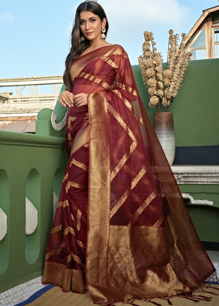 Chestnut Brown Zari Woven Organza Silk Saree