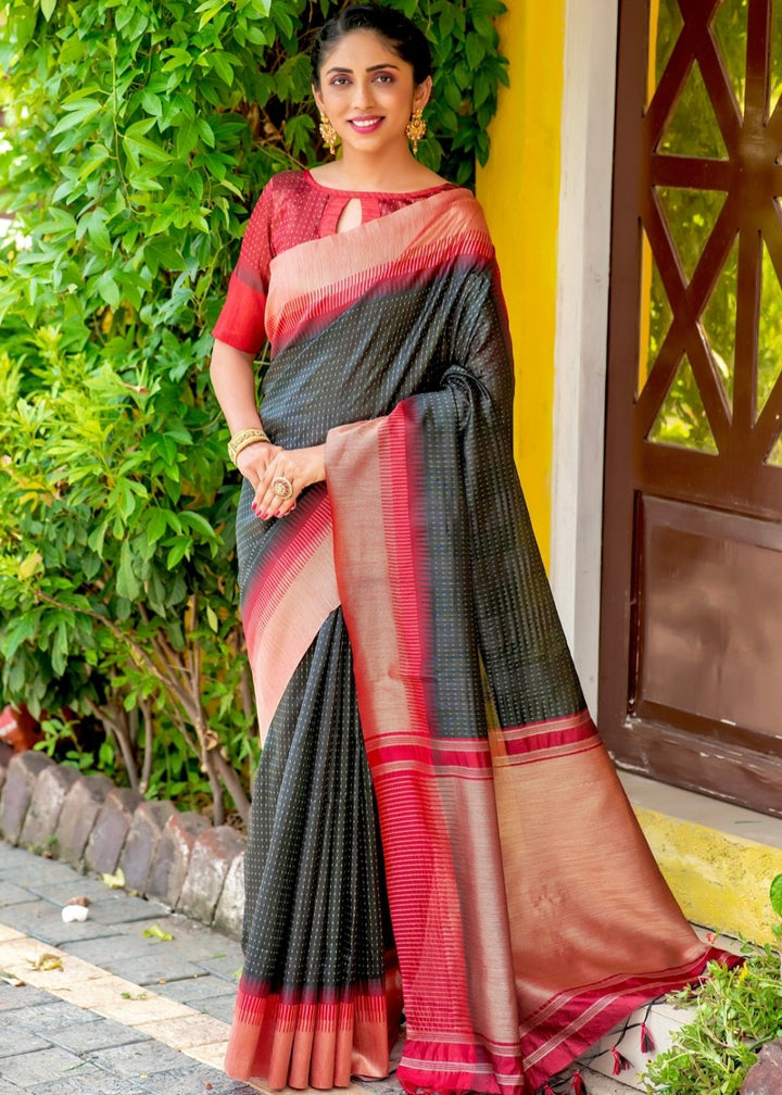 Jade Black Zari Weaving Silk Saree with Tassels on Pallu