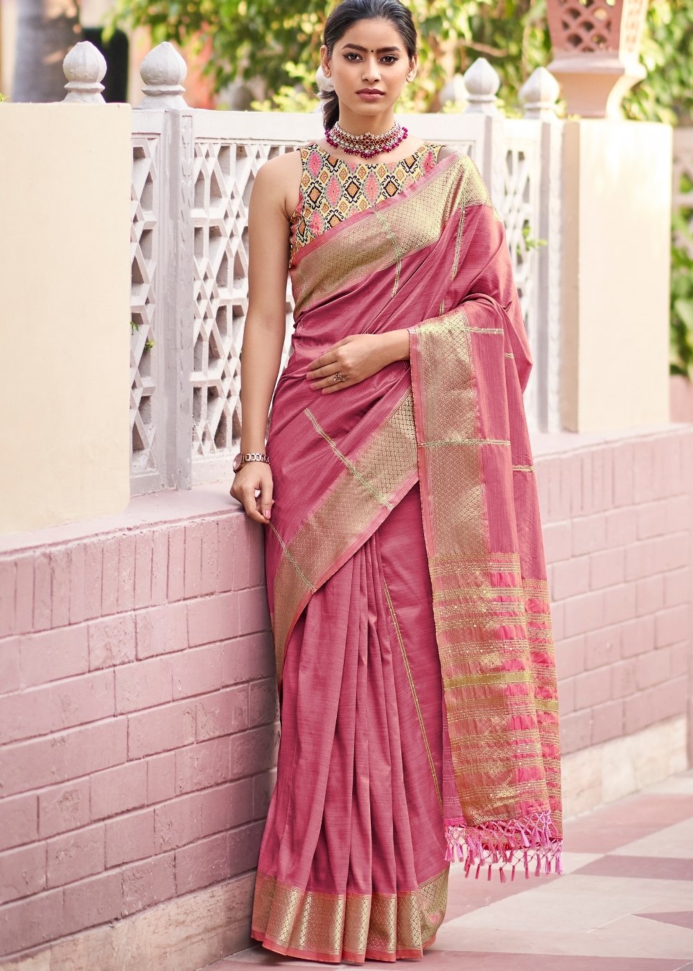 Tulip Pink Silk Saree having Zari Border & Sequins work