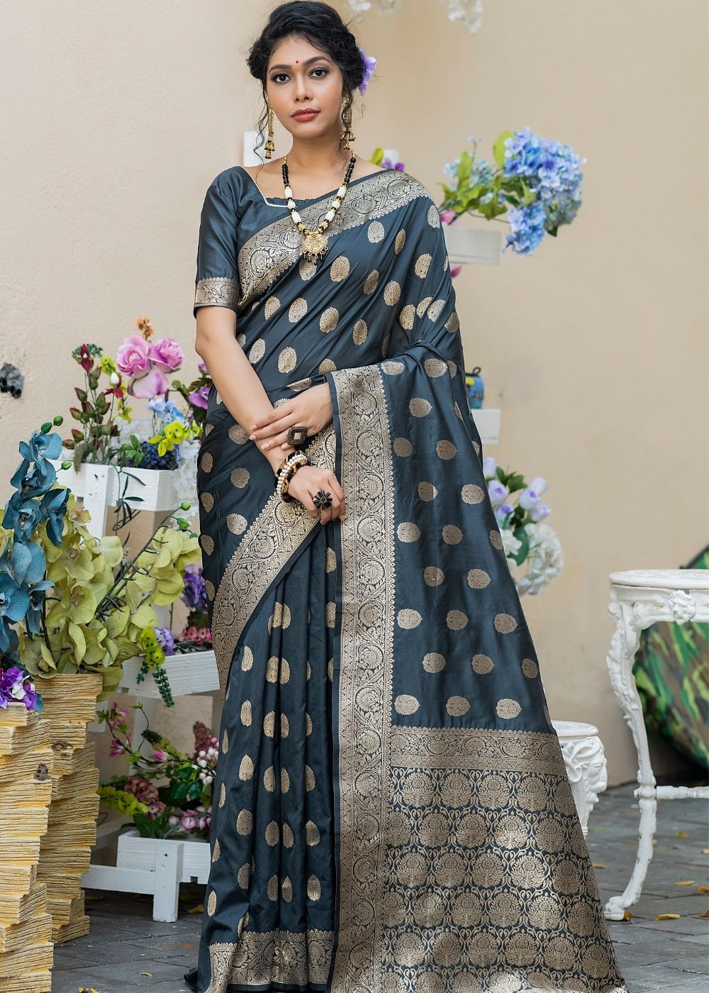 Iron Grey Soft Banarasi Silk Saree with overall Butti