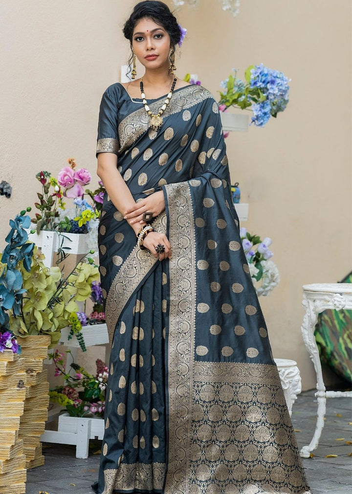 Iron Grey Soft Banarasi Silk Saree with overall Butti