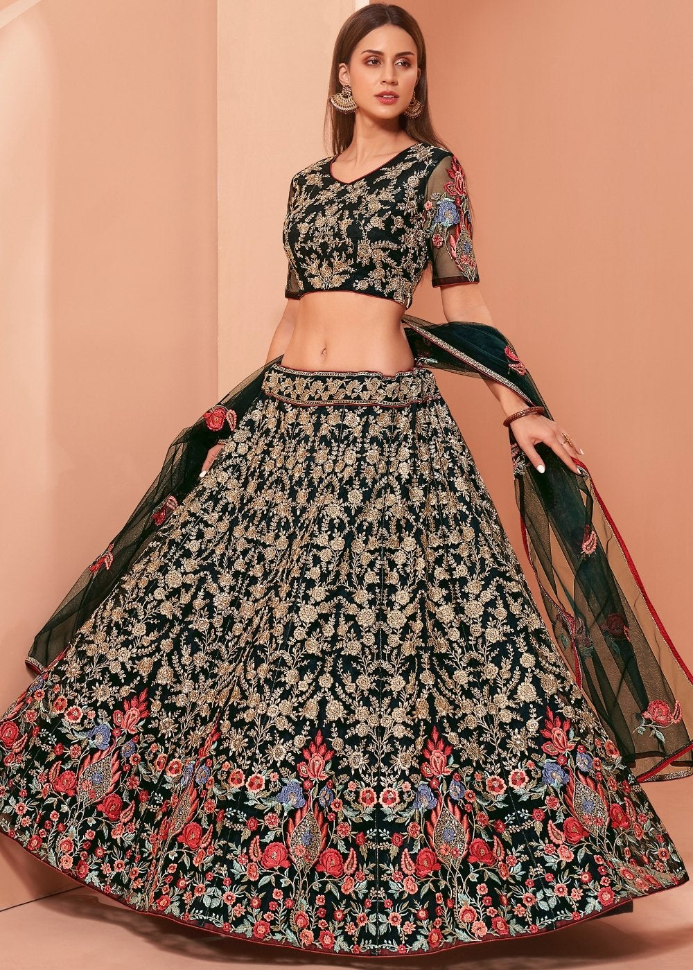 Timber Green Net Lehenga Choli with Thread, Zari & Sequence work: Wedding Edition