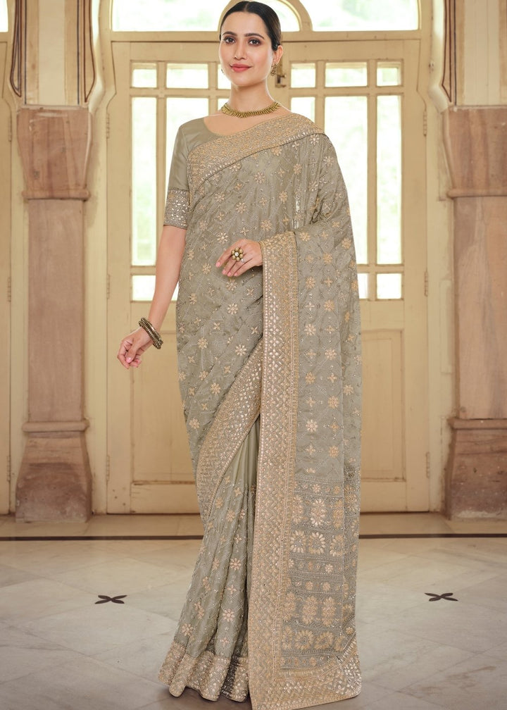 Trout Grey Designer Satin Georgette Saree with Gota & Resham work