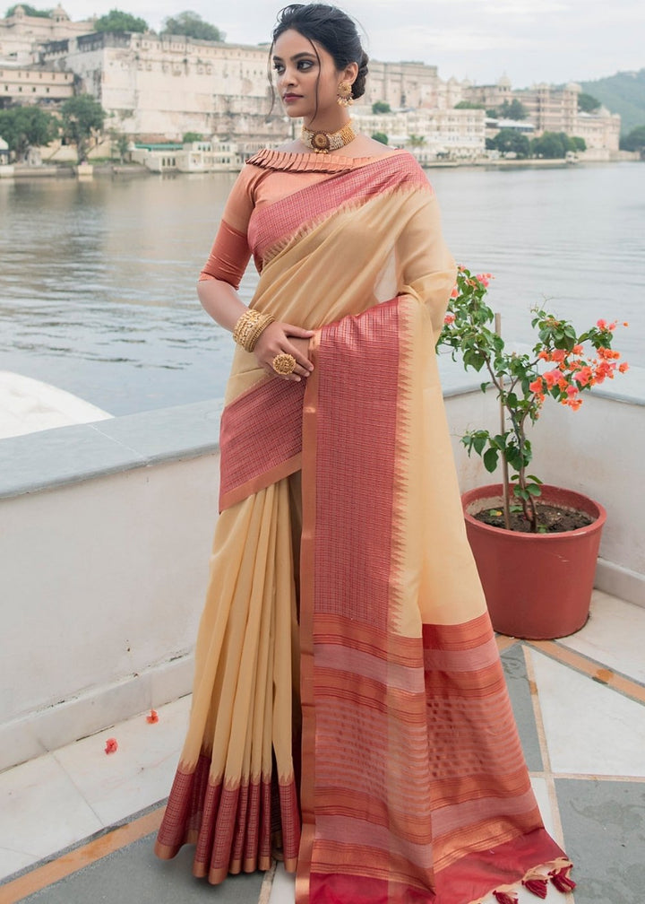 Cream White South Silk Saree with Tassels on Pallu