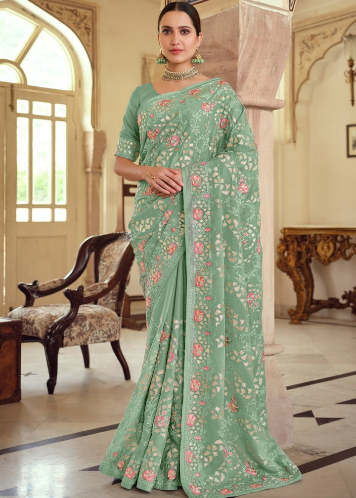 Fern Green Designer Satin Georgette Saree with Gota & Resham work