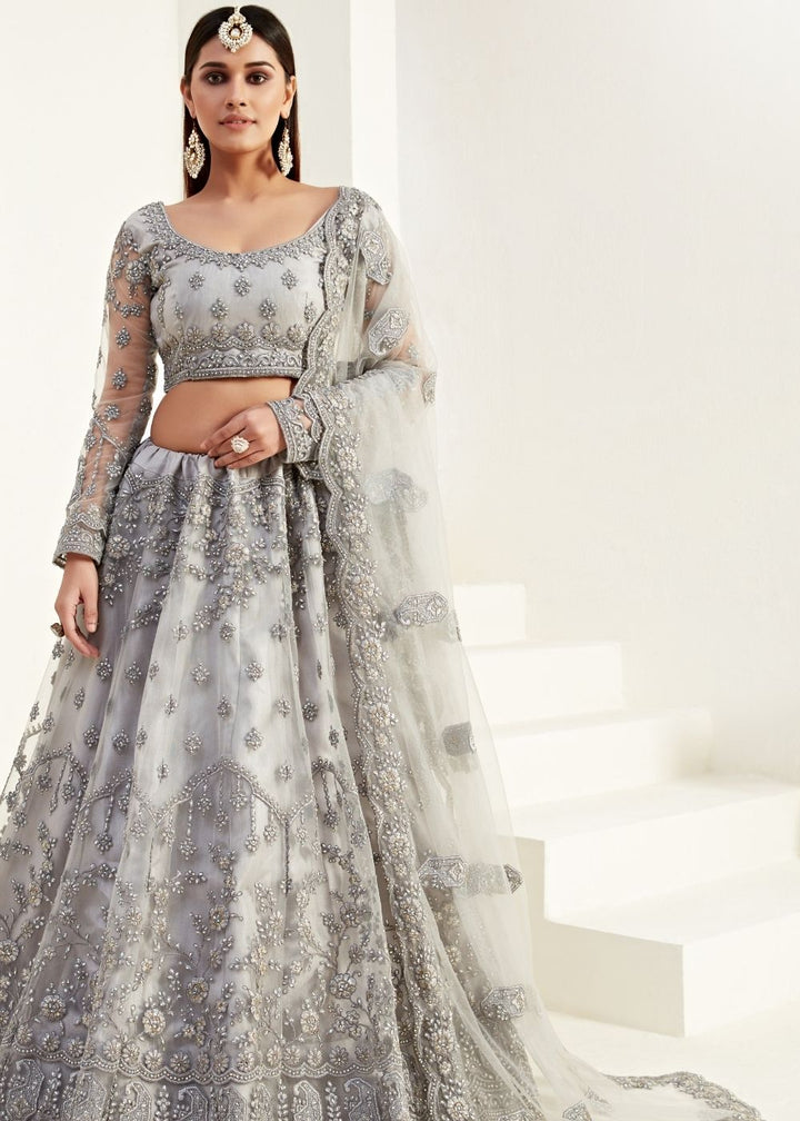 Pewter Grey Soft Net Lehenga Choli with Coding, Thread, Stonework & Badla Embroidery