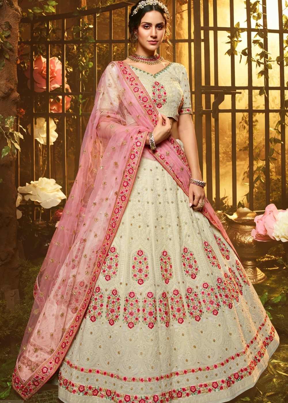 Ivory White Georgette Lehenga Choli with Thread, Zari, Sequin and Stone work