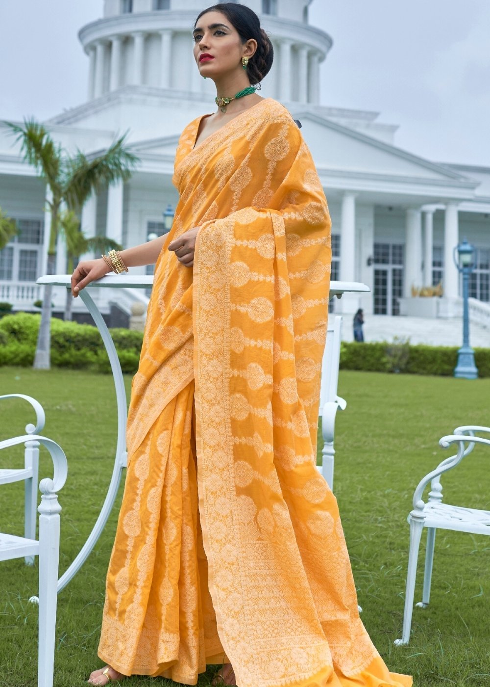 Amber Yellow Lucknowi Chikankari Weaving Silk Saree