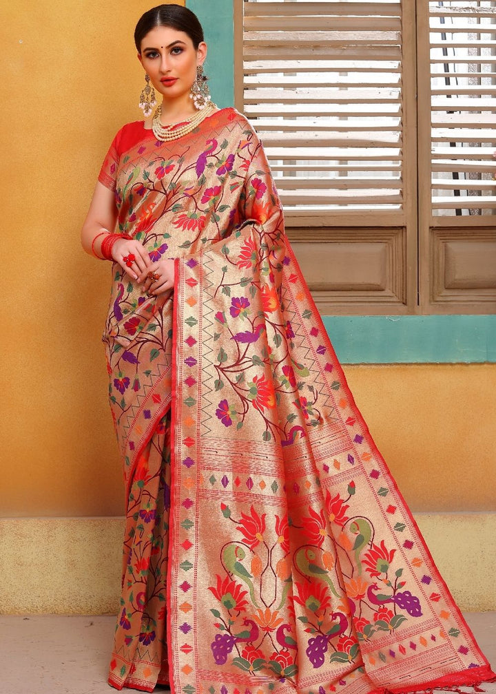 Cherry Red and Golden Blend Pure Paithani Silk Saree