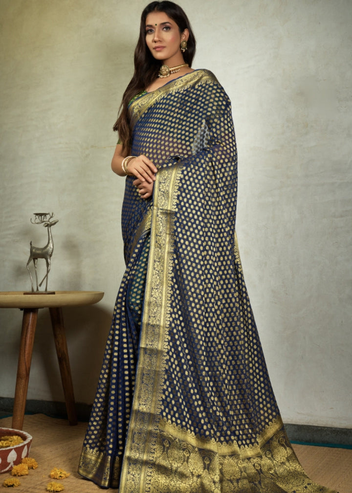 Denim Blue Zari Woven Chiffon Silk Saree