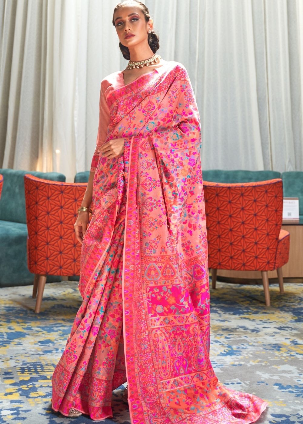 Rouge Pink Banarasi Jamawar Woven Silk Saree