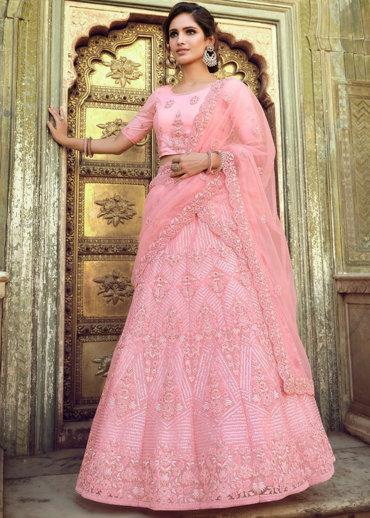 Creamy Pink Soft Net Lehenga Choli with Sequins, Thread, Zari & Dori work