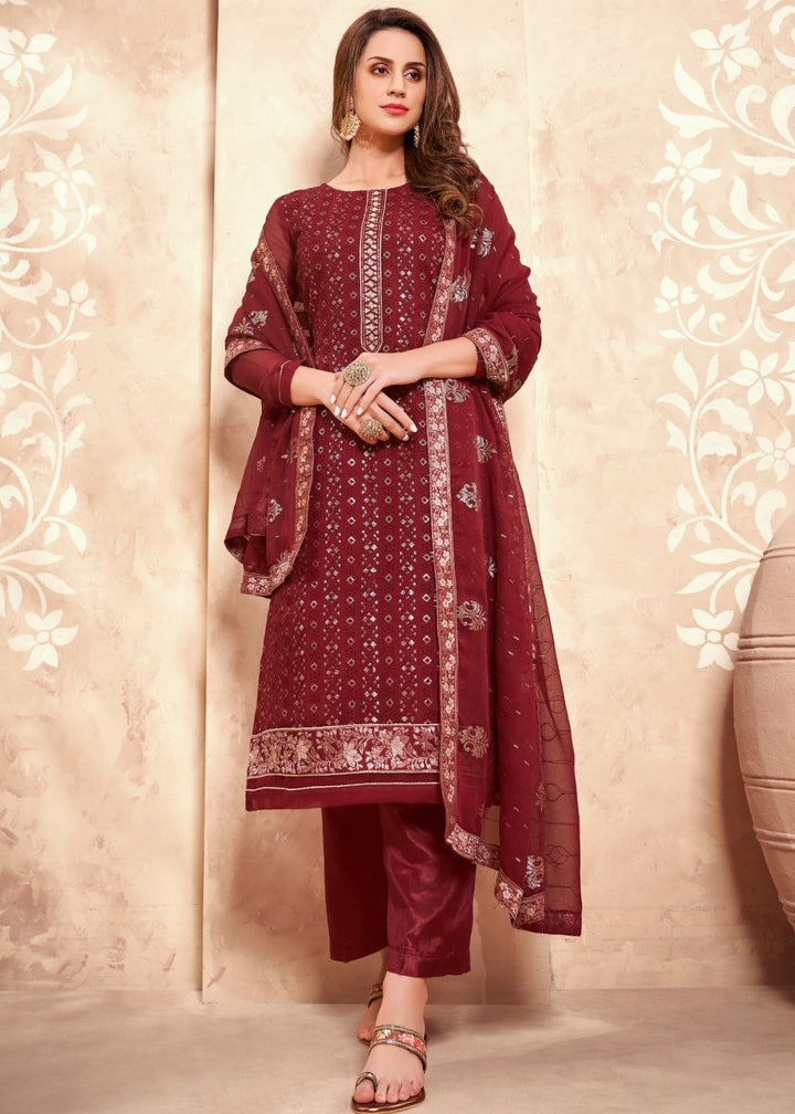 Maroon Red Georgette Salwar Suit with Thread & Sequence Embroidery work