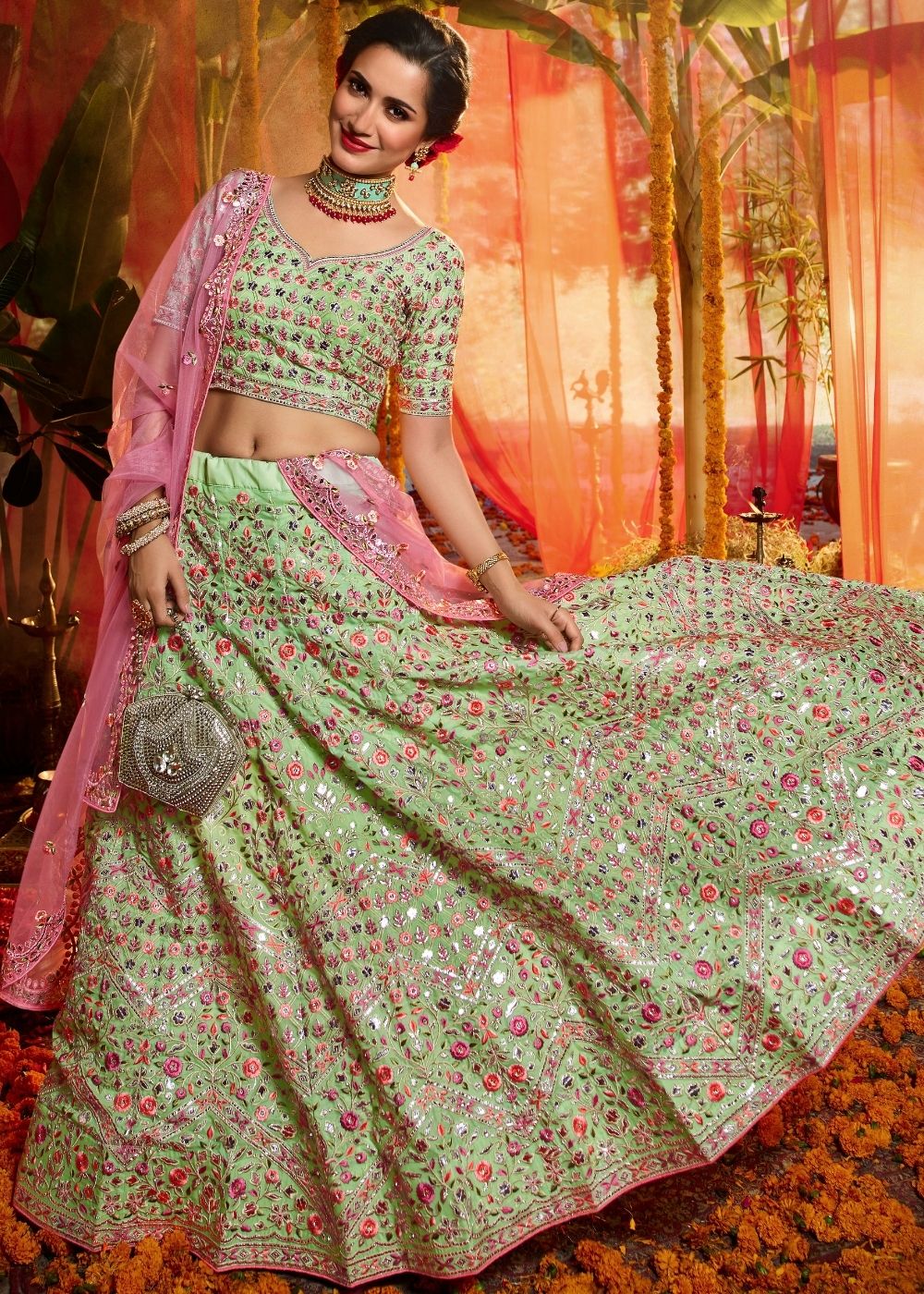 Mint Green Pure Organza Designer Lehenga Choli with Foil, Mirror, Thread and Zari work