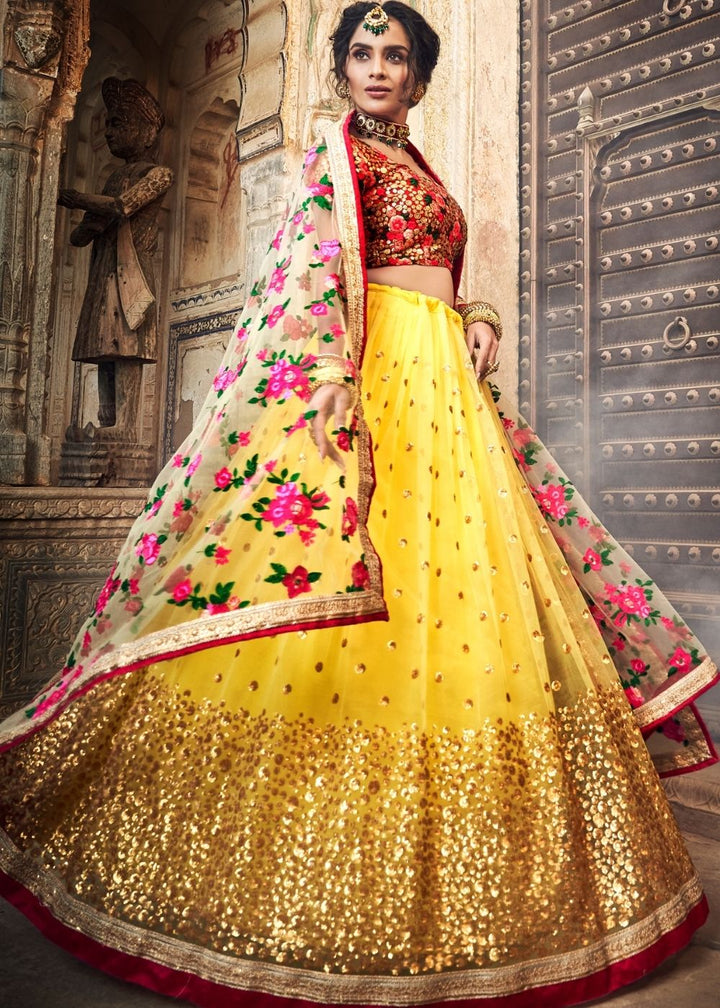 Electric Yellow Soft Net Lehenga Choli with Sequins,Thread & Zari work