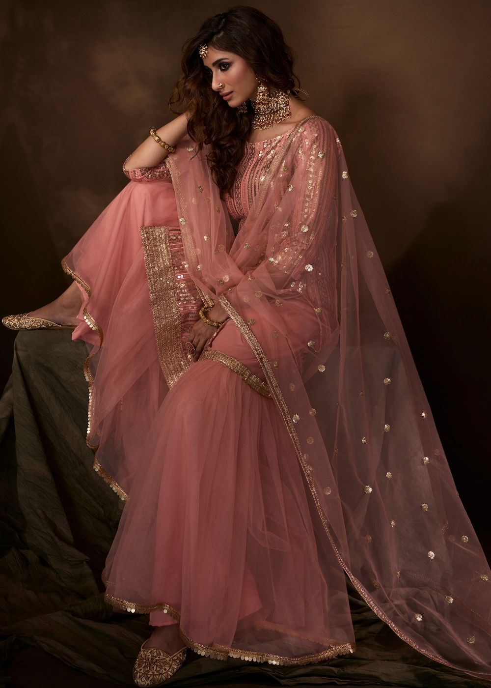 Rouge Pink Designer Soft Net Sharara Suit with Sequin, Thread and Dori work