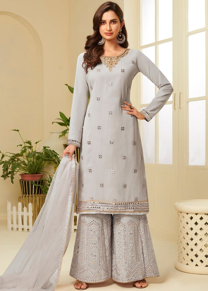 Cloud Grey Georgette Sharara Suit with Gota work & Embroidery