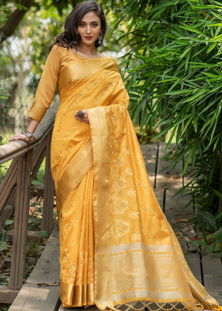 Gold Yellow Assam Silk Saree with Cut-Work Embroidery