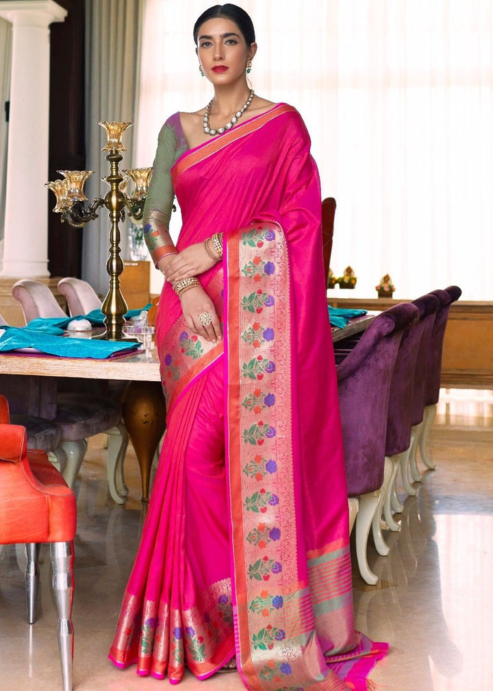 Hot Pink Handloom Weave Silk Saree