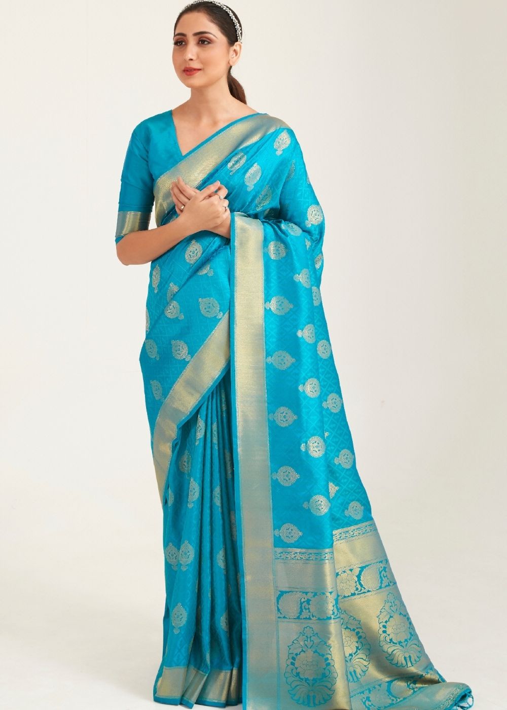 Olympic Blue Zari Butta Woven Banasari Silk Saree