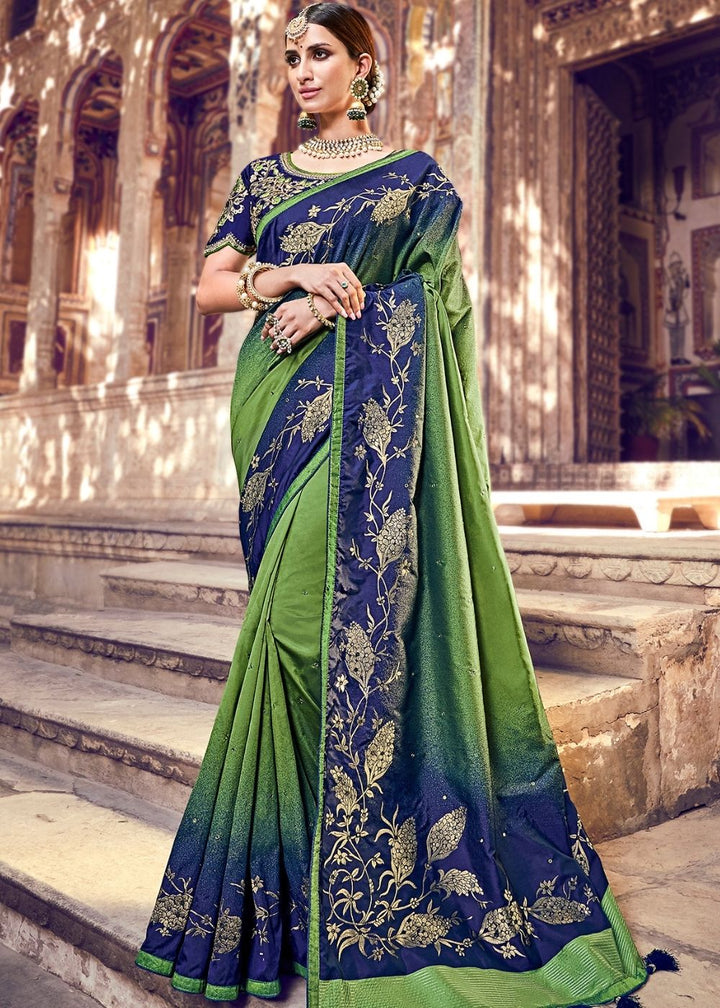 Fern Green & Blue Banarasi Silk Saree with Embroidered Silk Blouse