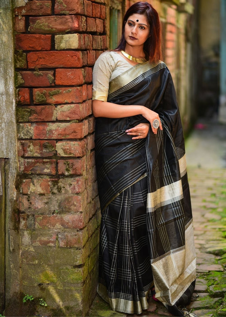 Midnight Black Designer Raw Silk Saree