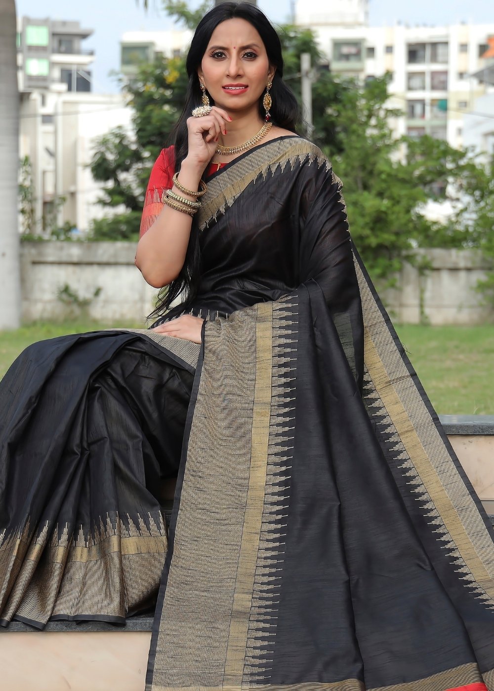 Onyx Black Art Silk Saree with Temple Border